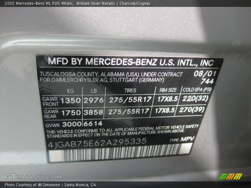 Brilliant Silver Metallic / Charcoal/Cognac 2002 Mercedes-Benz ML 500 4Matic