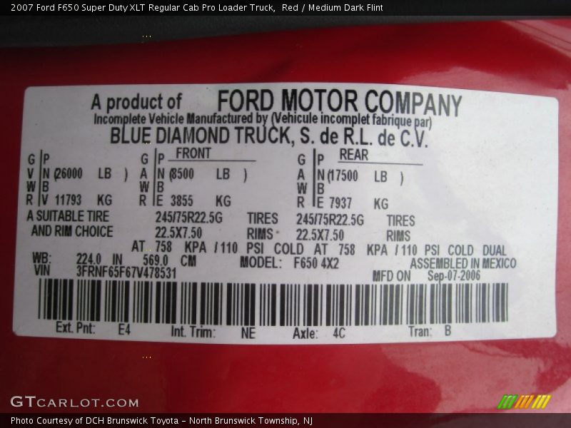 2007 F650 Super Duty XLT Regular Cab Pro Loader Truck Red Color Code E4