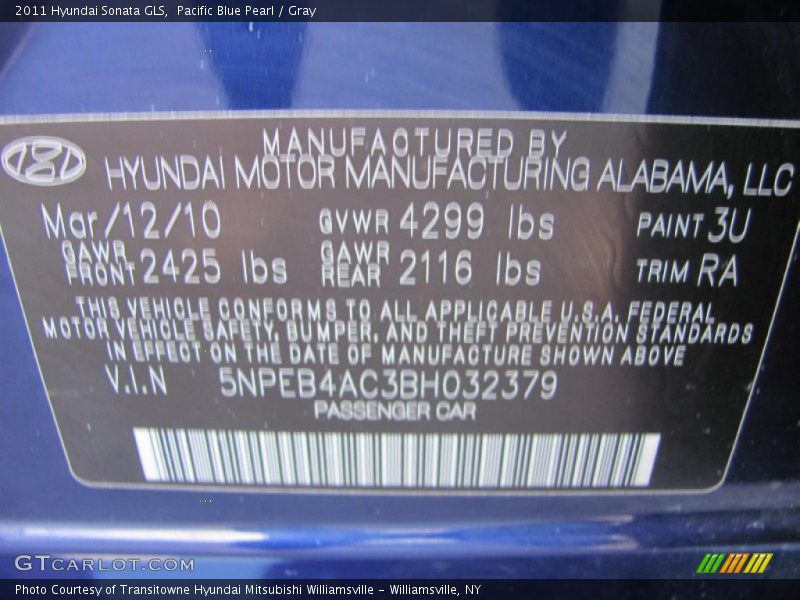 Pacific Blue Pearl / Gray 2011 Hyundai Sonata GLS
