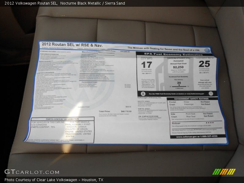  2012 Routan SEL Window Sticker
