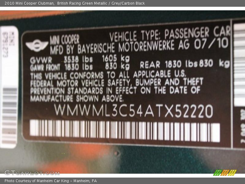 British Racing Green Metallic / Grey/Carbon Black 2010 Mini Cooper Clubman