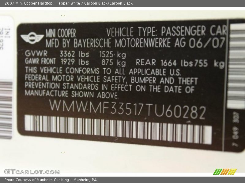 Pepper White / Carbon Black/Carbon Black 2007 Mini Cooper Hardtop