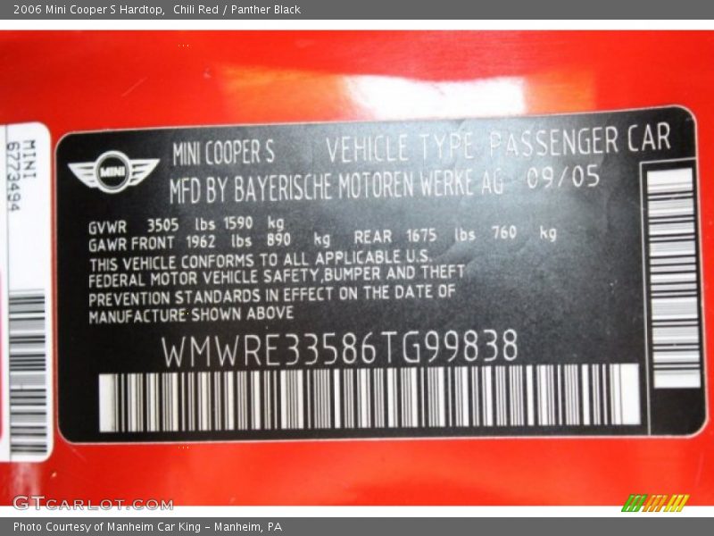 Chili Red / Panther Black 2006 Mini Cooper S Hardtop
