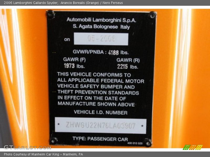 Info Tag of 2006 Gallardo Spyder