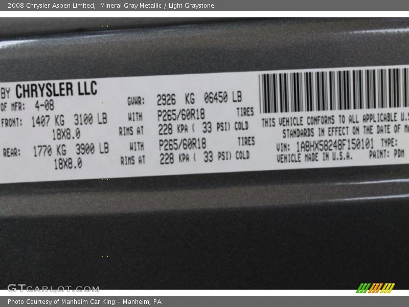 Mineral Gray Metallic / Light Graystone 2008 Chrysler Aspen Limited