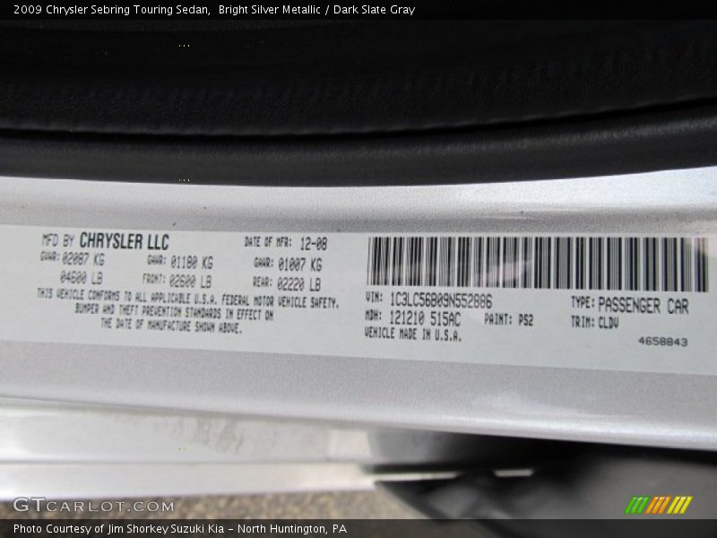 Bright Silver Metallic / Dark Slate Gray 2009 Chrysler Sebring Touring Sedan