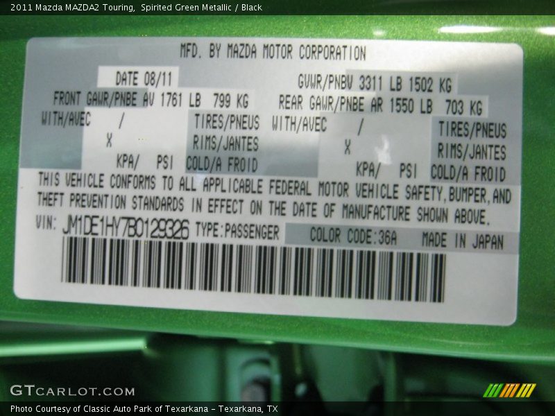 2011 MAZDA2 Touring Spirited Green Metallic Color Code 36A