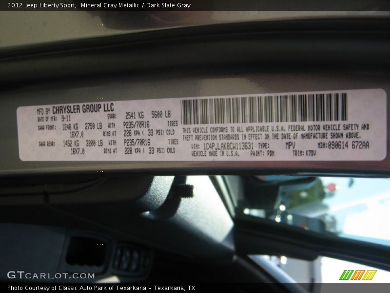 Mineral Gray Metallic / Dark Slate Gray 2012 Jeep Liberty Sport