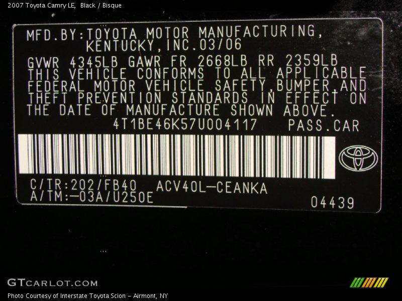 Black / Bisque 2007 Toyota Camry LE