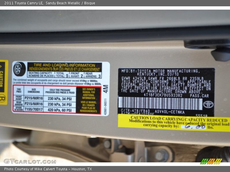 Sandy Beach Metallic / Bisque 2011 Toyota Camry LE