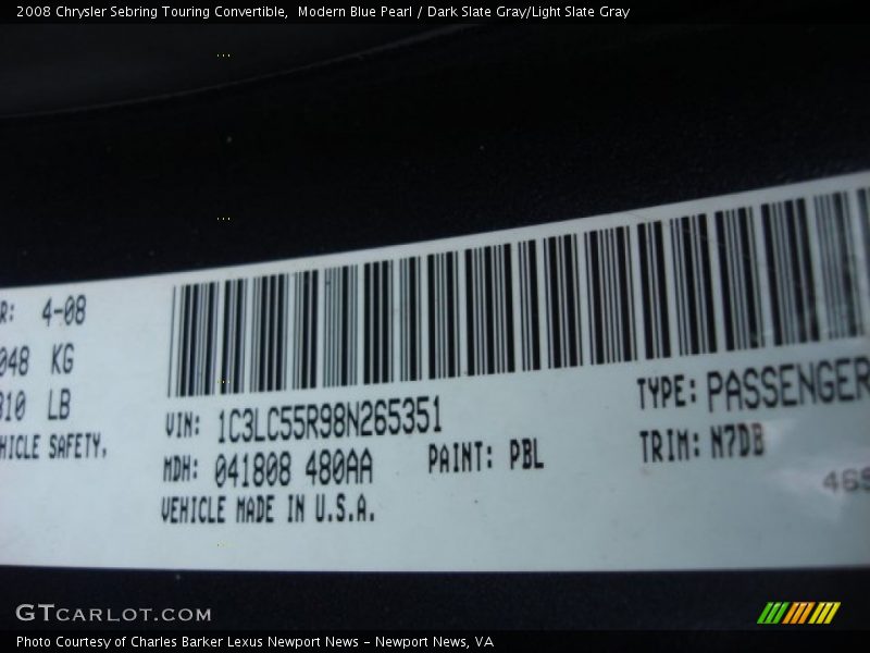 Modern Blue Pearl / Dark Slate Gray/Light Slate Gray 2008 Chrysler Sebring Touring Convertible