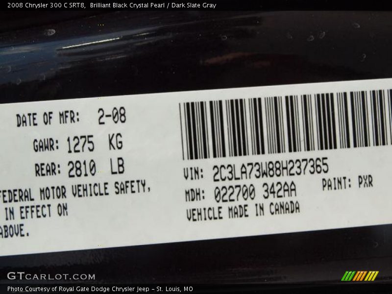 2008 300 C SRT8 Brilliant Black Crystal Pearl Color Code PXR