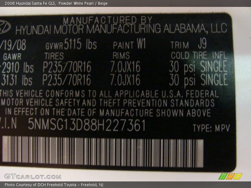 Powder White Pearl / Beige 2008 Hyundai Santa Fe GLS