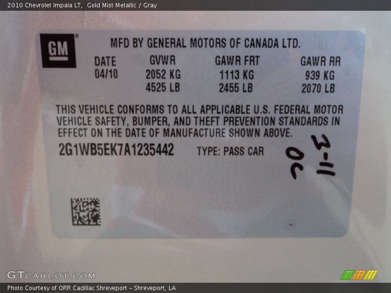 Gold Mist Metallic / Gray 2010 Chevrolet Impala LT