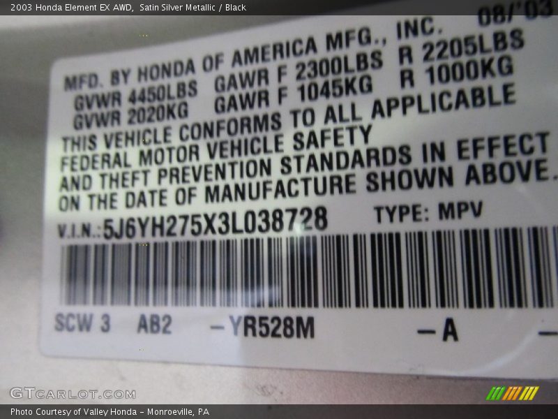 Satin Silver Metallic / Black 2003 Honda Element EX AWD