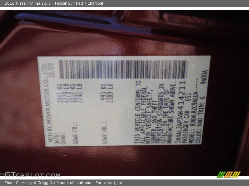 Tuscan Sun Red / Charcoal 2010 Nissan Altima 2.5 S