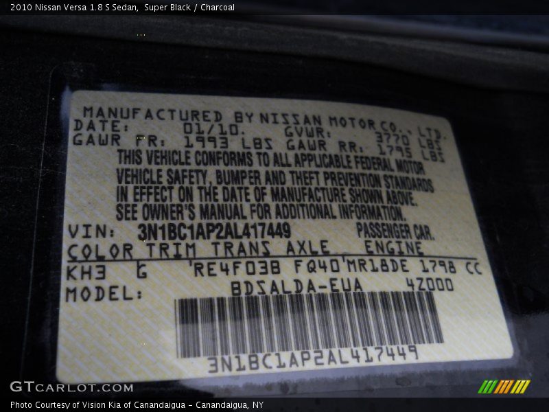 Super Black / Charcoal 2010 Nissan Versa 1.8 S Sedan