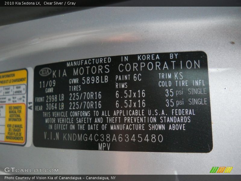 Clear Silver / Gray 2010 Kia Sedona LX