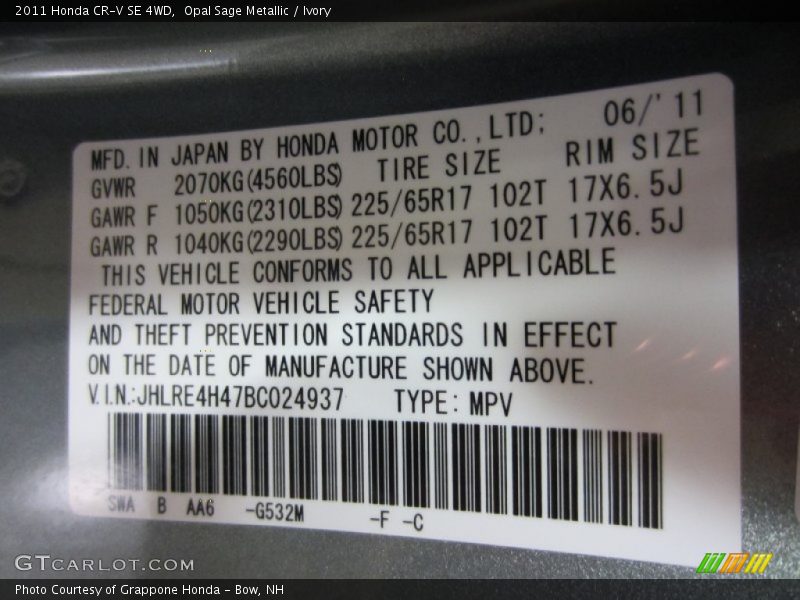 2011 CR-V SE 4WD Opal Sage Metallic Color Code G532M