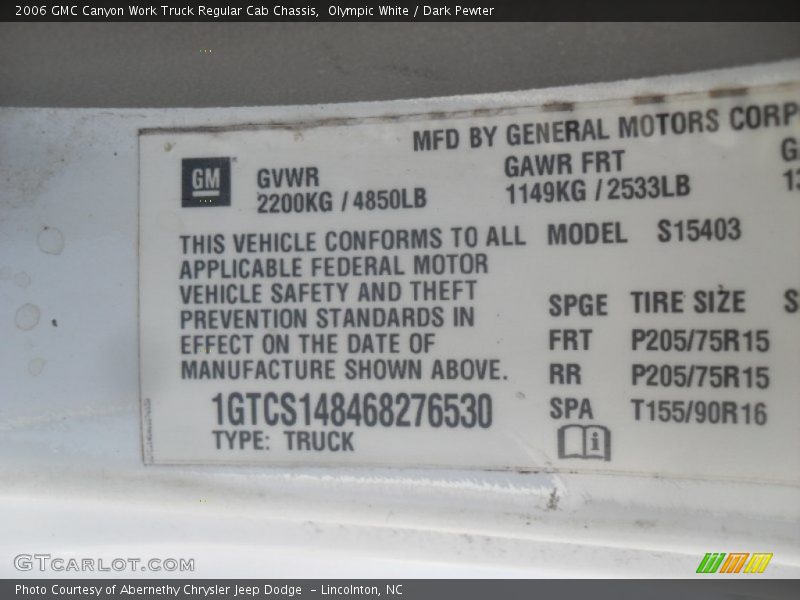 Olympic White / Dark Pewter 2006 GMC Canyon Work Truck Regular Cab Chassis