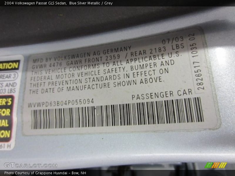 Blue Silver Metallic / Grey 2004 Volkswagen Passat GLS Sedan