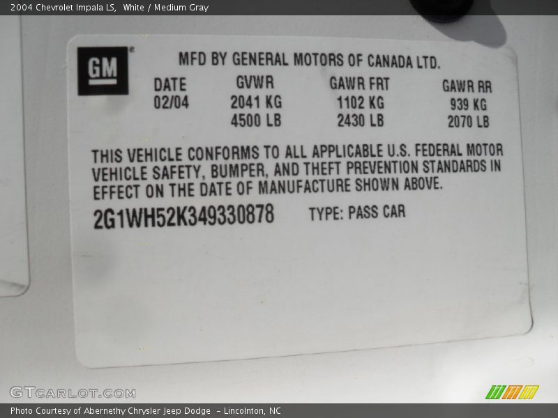 White / Medium Gray 2004 Chevrolet Impala LS
