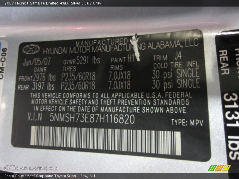 Silver Blue / Gray 2007 Hyundai Santa Fe Limited 4WD