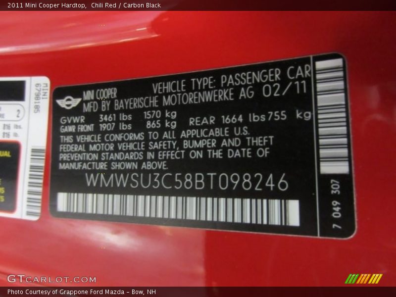 Chili Red / Carbon Black 2011 Mini Cooper Hardtop