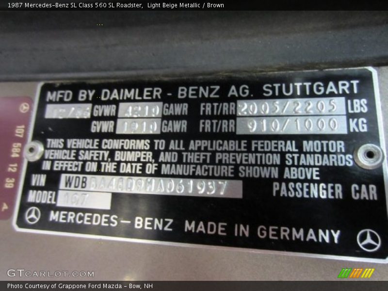 Info Tag of 1987 SL Class 560 SL Roadster