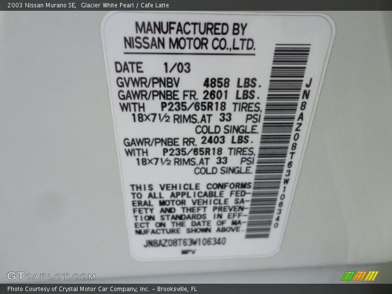 Glacier White Pearl / Cafe Latte 2003 Nissan Murano SE
