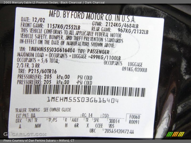 2003 Sable LS Premium Sedan Black Clearcoat Color Code UA