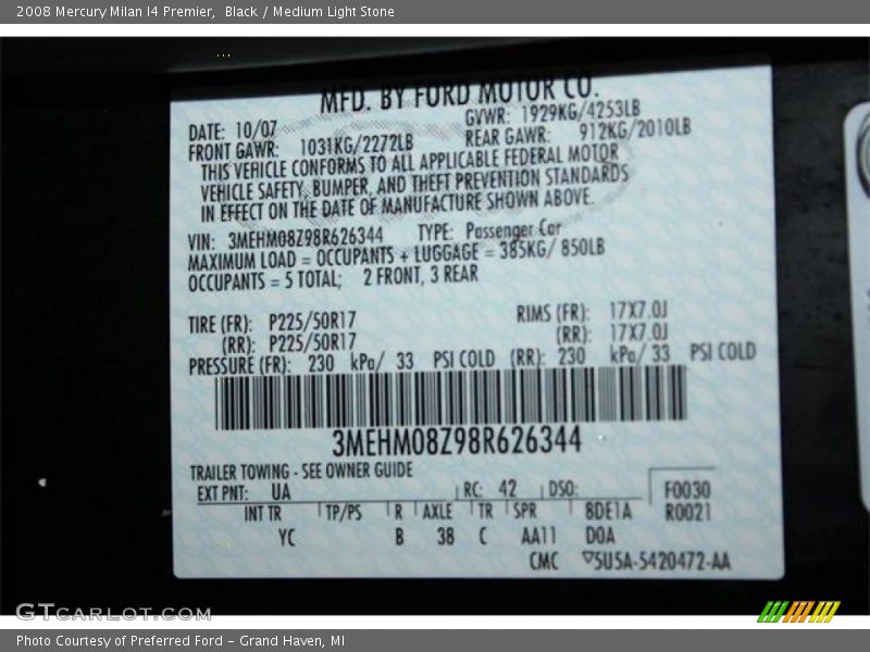 Black / Medium Light Stone 2008 Mercury Milan I4 Premier