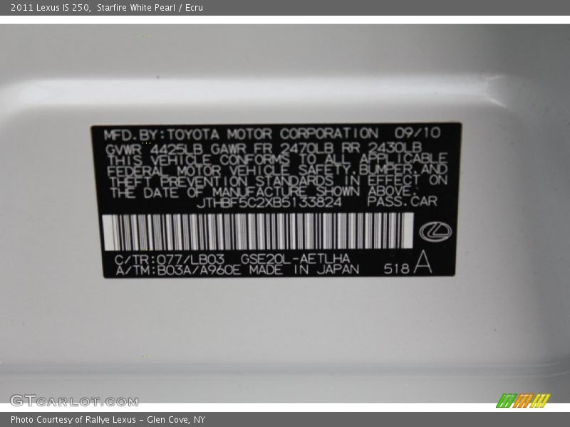 2011 IS 250 Starfire White Pearl Color Code 077