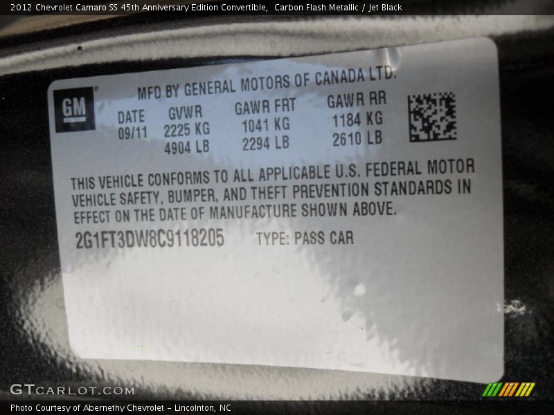 Carbon Flash Metallic / Jet Black 2012 Chevrolet Camaro SS 45th Anniversary Edition Convertible