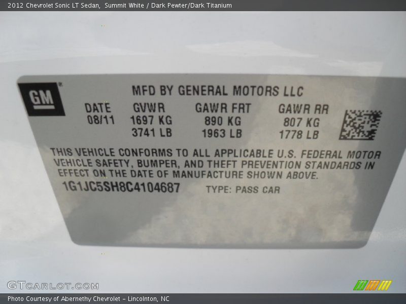 Summit White / Dark Pewter/Dark Titanium 2012 Chevrolet Sonic LT Sedan
