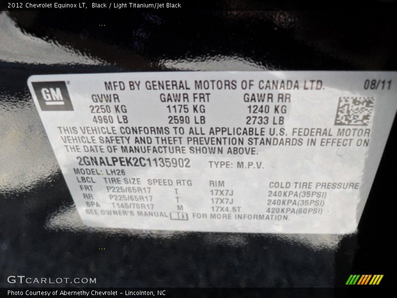 Black / Light Titanium/Jet Black 2012 Chevrolet Equinox LT