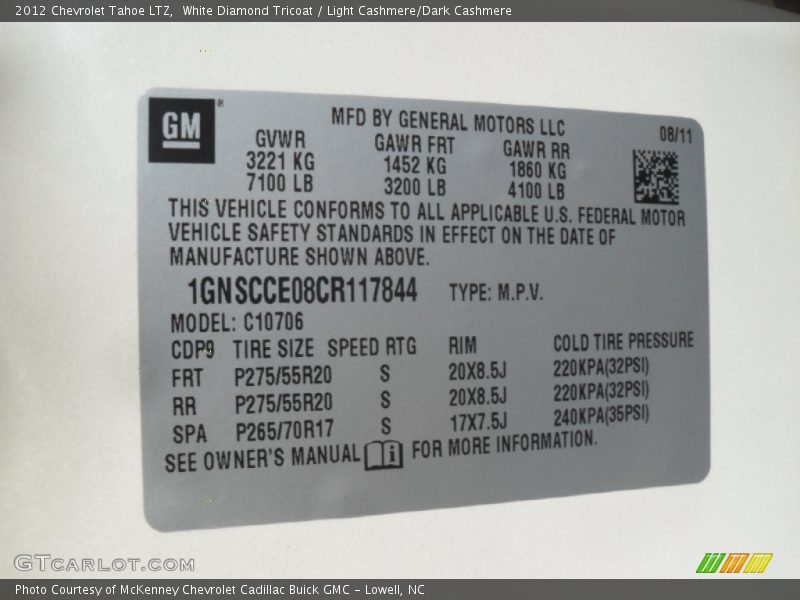 White Diamond Tricoat / Light Cashmere/Dark Cashmere 2012 Chevrolet Tahoe LTZ
