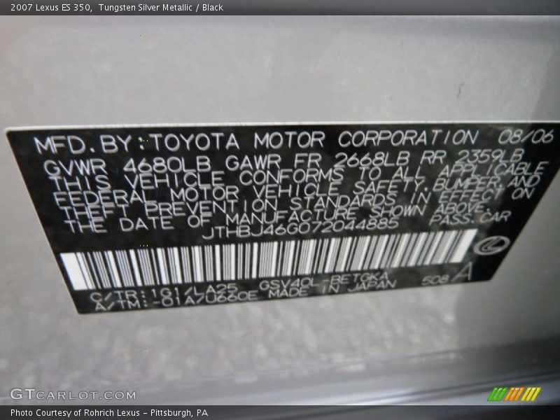 Tungsten Silver Metallic / Black 2007 Lexus ES 350