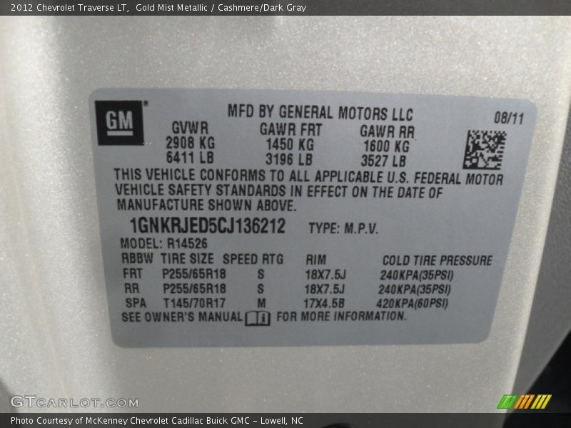 Gold Mist Metallic / Cashmere/Dark Gray 2012 Chevrolet Traverse LT