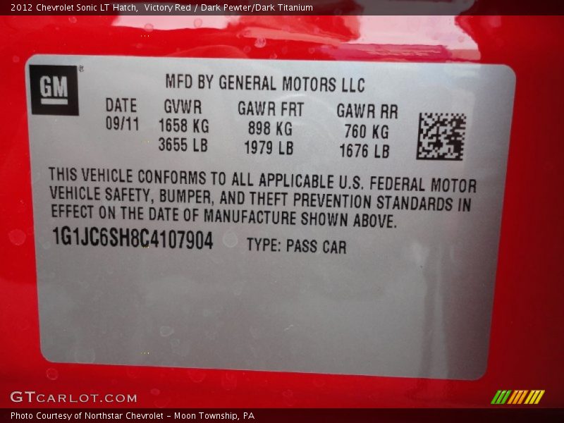 Info Tag of 2012 Sonic LT Hatch