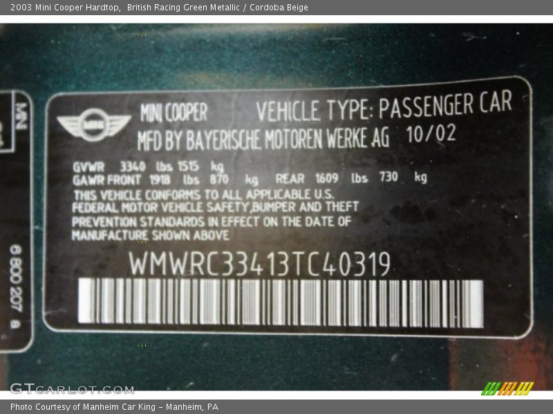British Racing Green Metallic / Cordoba Beige 2003 Mini Cooper Hardtop