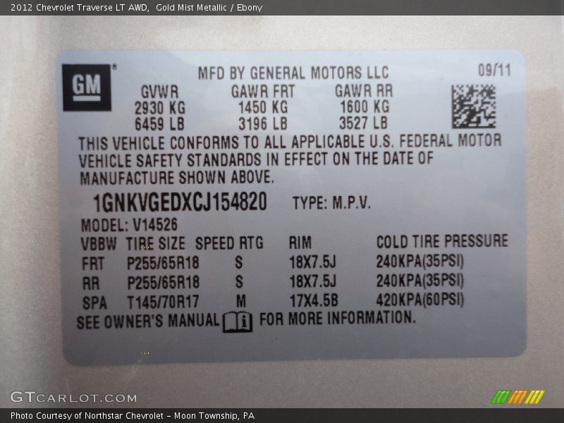 Gold Mist Metallic / Ebony 2012 Chevrolet Traverse LT AWD