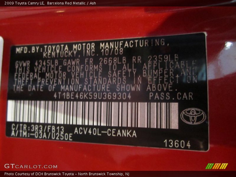 Barcelona Red Metallic / Ash 2009 Toyota Camry LE