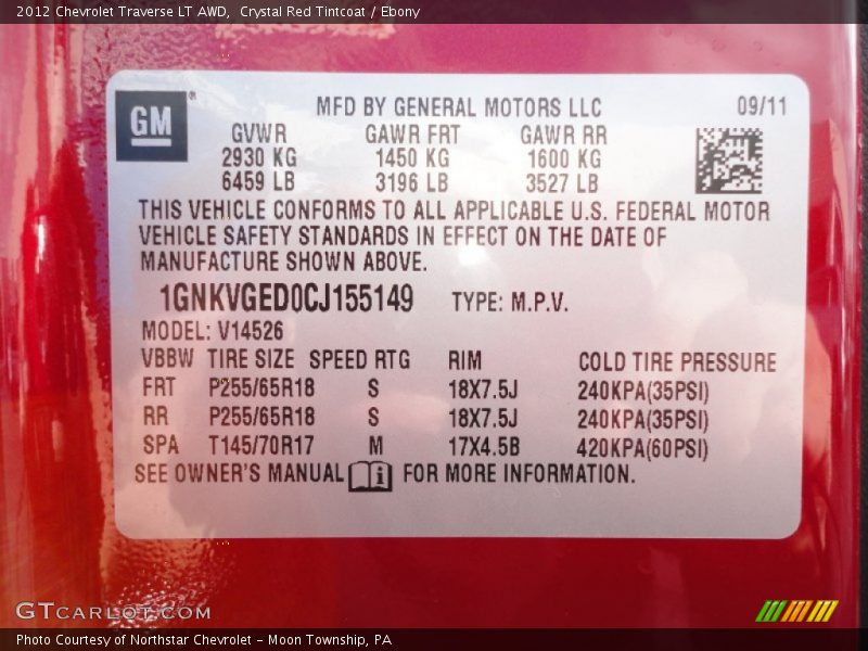 Crystal Red Tintcoat / Ebony 2012 Chevrolet Traverse LT AWD