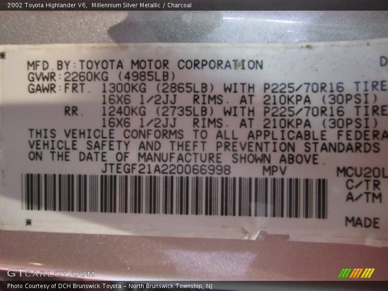Millennium Silver Metallic / Charcoal 2002 Toyota Highlander V6