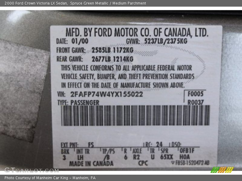 2000 Crown Victoria LX Sedan Spruce Green Metallic Color Code FS
