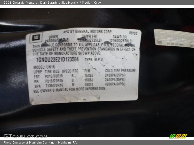 Dark Sapphire Blue Metallic / Medium Gray 2001 Chevrolet Venture