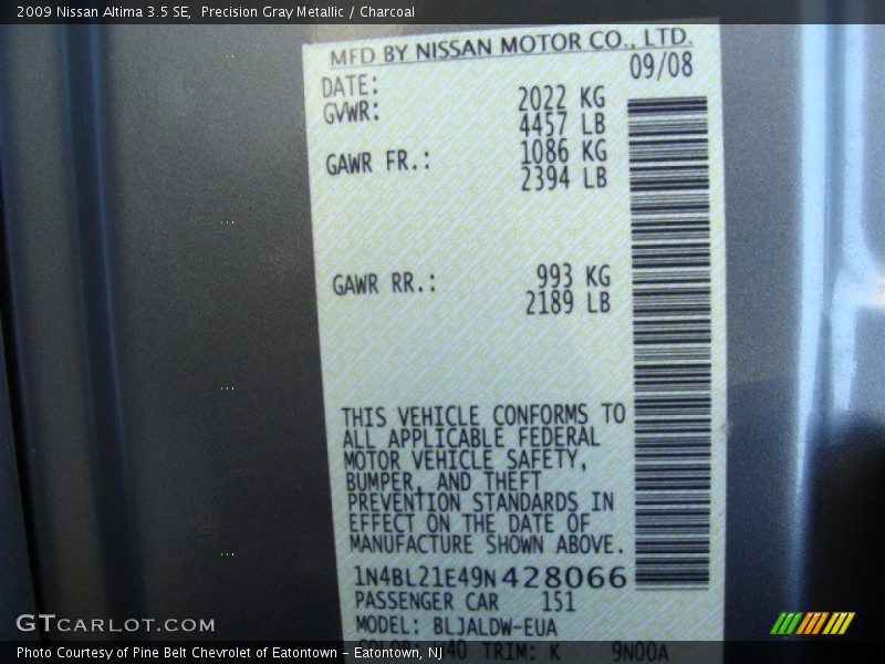 Precision Gray Metallic / Charcoal 2009 Nissan Altima 3.5 SE