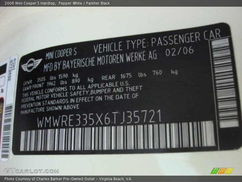 Pepper White / Panther Black 2006 Mini Cooper S Hardtop