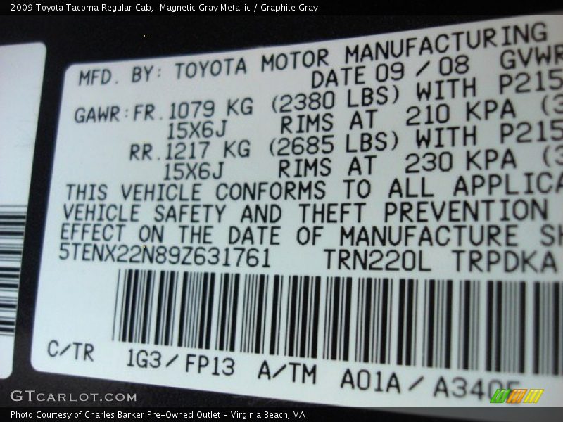 Magnetic Gray Metallic / Graphite Gray 2009 Toyota Tacoma Regular Cab